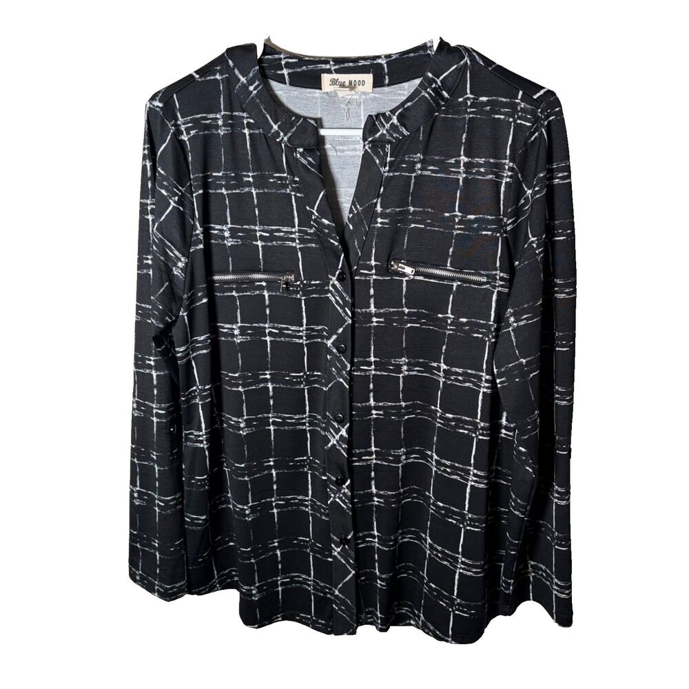 Blue Mood Shirt Women's Medium Black Button Up V-Neck Career Shirt Top